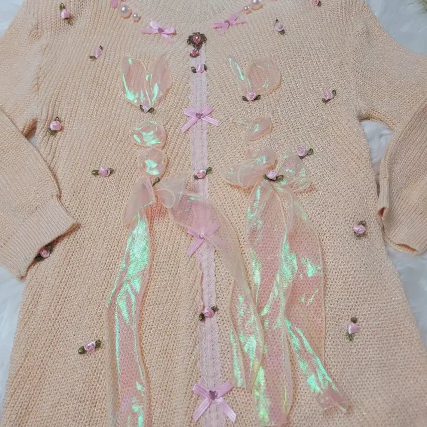 [BUNJANG] Pink Ribbon Knit Cardigan / 핑크 리본 장식 니트 가디건