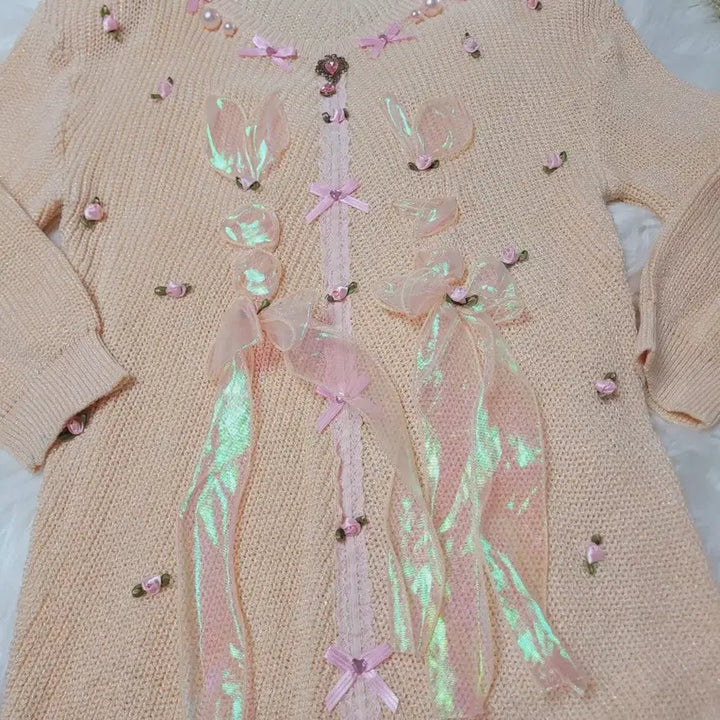[BUNJANG] Pink Ribbon Knit Cardigan / 핑크 리본 장식 니트 가디건
