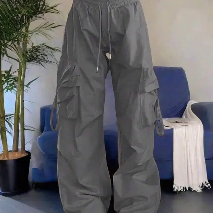 [BUNJANG] SHEIN Gray String Wide Cargo Pants / 쉬인 회색 스트링 와이드 카고 바지