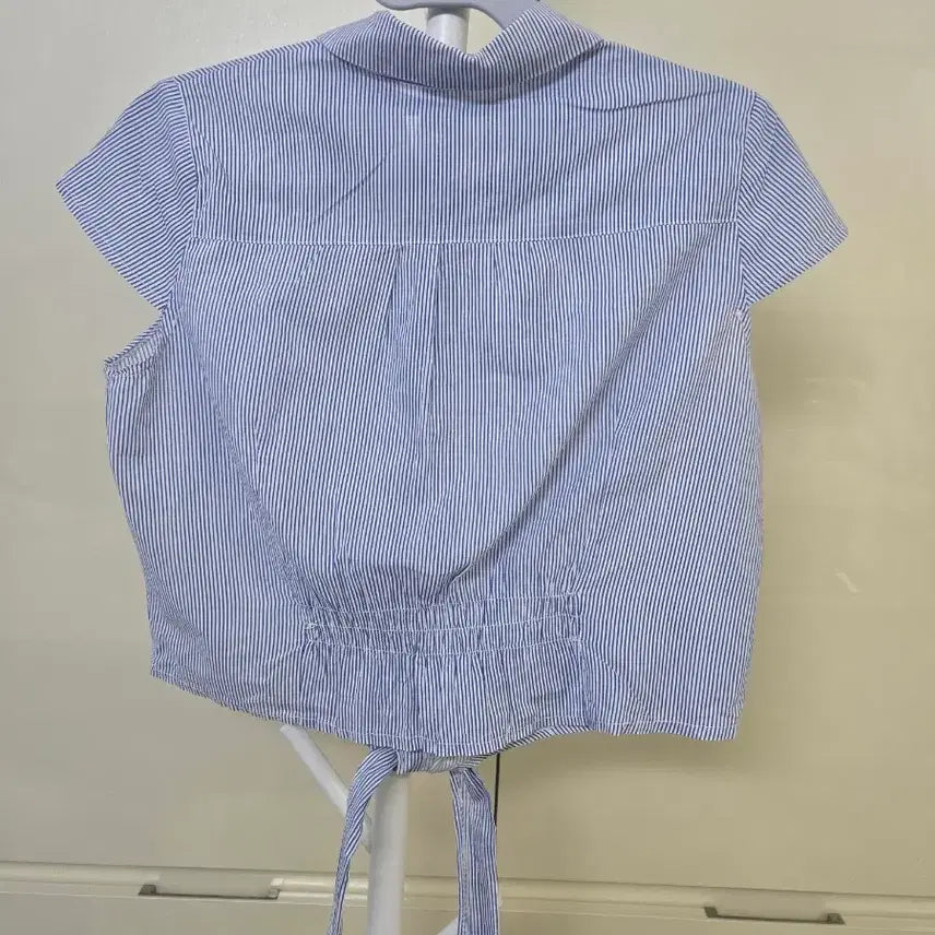 [BUNJANG] Blue Stripe Tie-Front Short Sleeve Blouse / 블루 스트라이프 매듭 반팔 블라우스