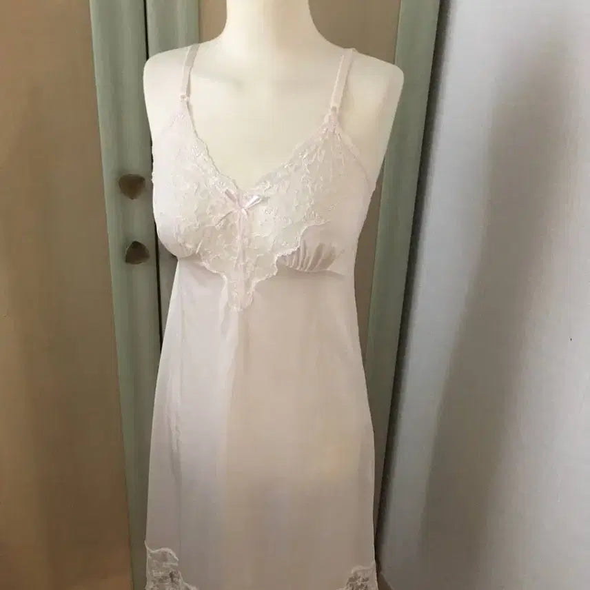 [BUNJANG] Baby Pink Lace Ribbon Slip Dress / 일본빈티지 새제품 베이비핑크 연핑크 핑크레이스 리본 슬립 나시원피스