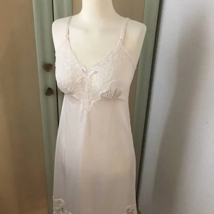 [BUNJANG] Baby Pink Lace Ribbon Slip Dress / 일본빈티지 새제품 베이비핑크 연핑크 핑크레이스 리본 슬립 나시원피스