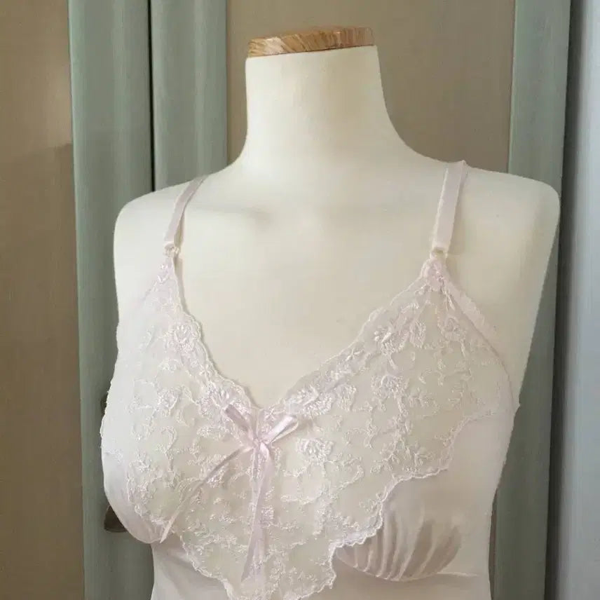 [BUNJANG] Baby Pink Lace Ribbon Slip Dress / 일본빈티지 새제품 베이비핑크 연핑크 핑크레이스 리본 슬립 나시원피스