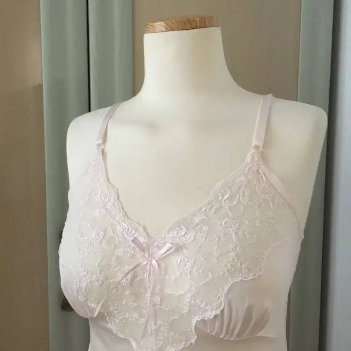 [BUNJANG] Baby Pink Lace Ribbon Slip Dress / 일본빈티지 새제품 베이비핑크 연핑크 핑크레이스 리본 슬립 나시원피스