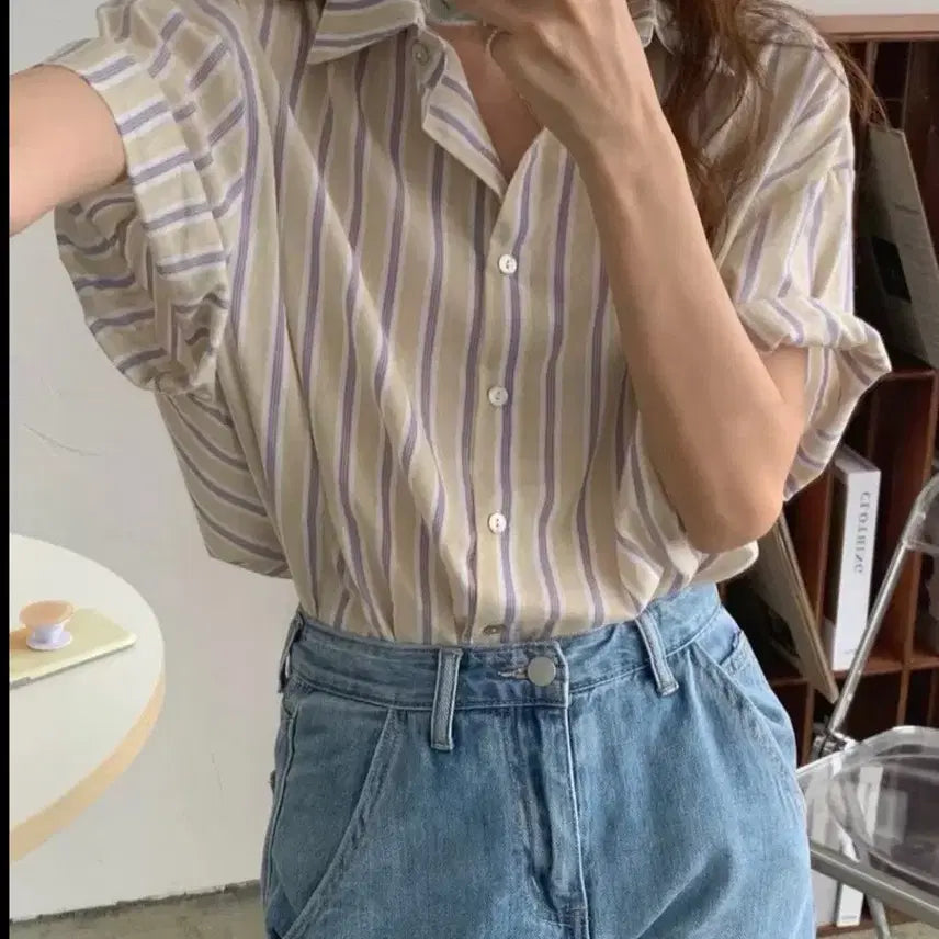 [BUNJANG] Striped Short-Sleeve Blouse Shirt / 스트라이프 반팔 남방 블라우스