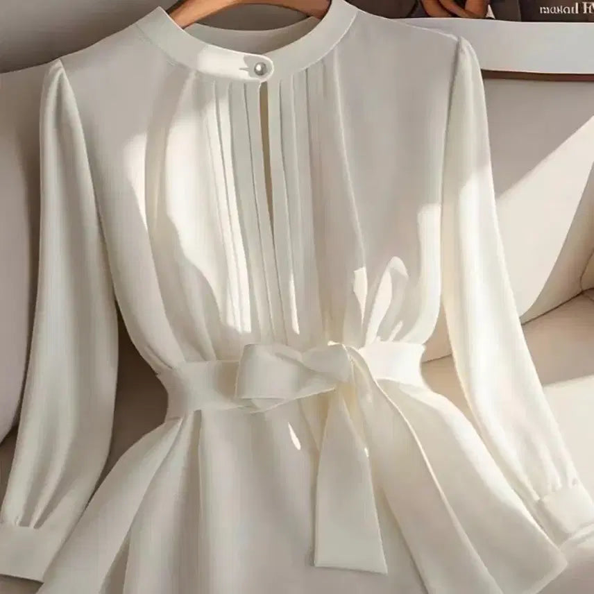 [BUNJANG] White Ribbon Blouse - Shirring Detail (Size L) / 세련 디자인 화이트 블라우스.새상품