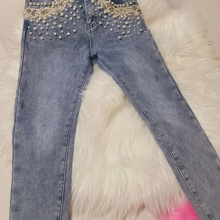 [BUNJANG] Pearl Stone Embellished High-Waisted Denim Jeans / 진주 스톤 장식 데님 하이웨스트 청바지