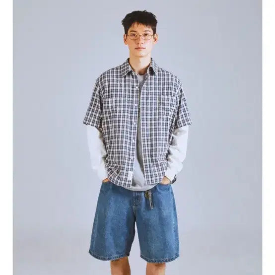 [BUNJANG] Garden Express Half Sleeve Shirt Blue XL / Garden express Check half Shirt (blue)