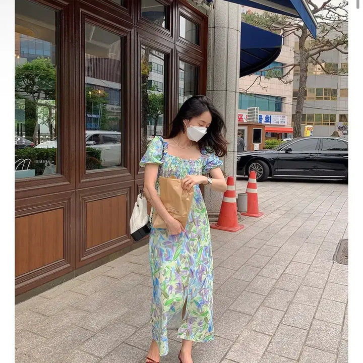 [BUNJANG] Amuse Muse Flower Puff Smocking Long Dress / 1회착용) 어뮤즈소울 플라워 퍼프 스모킹 롱 원피스 10만원에 구매