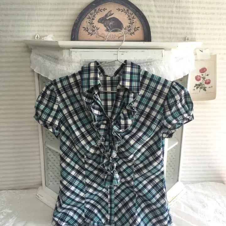 [BUNJANG] Japanese Vintage Mint Check Ruffle Puff Blouse / 일본빈티지 핀터 민트 체크 러플 퍼프 블라우스