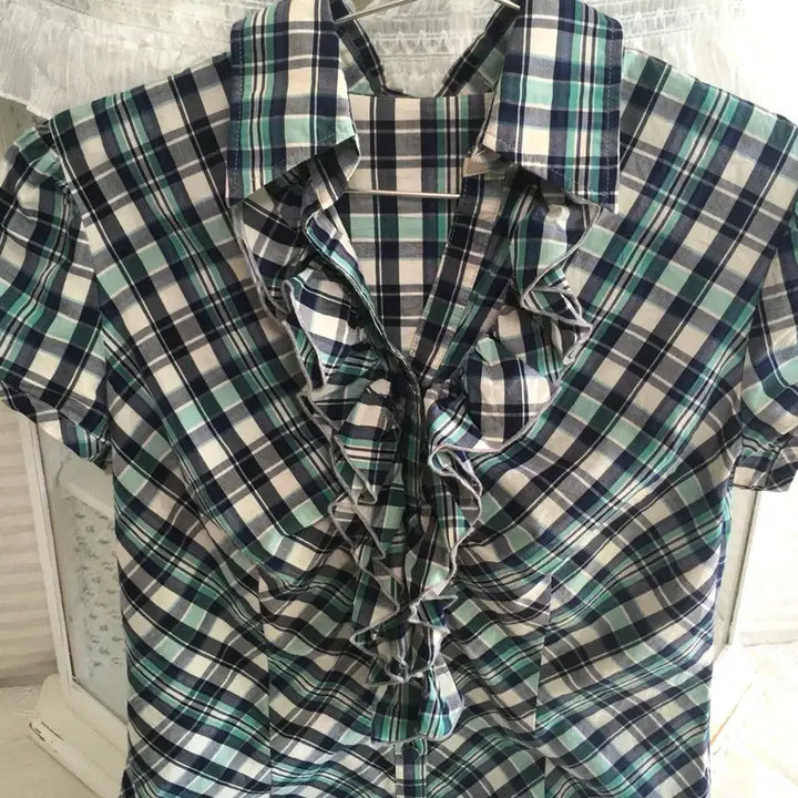 [BUNJANG] Japanese Vintage Mint Check Ruffle Puff Blouse / 일본빈티지 핀터 민트 체크 러플 퍼프 블라우스