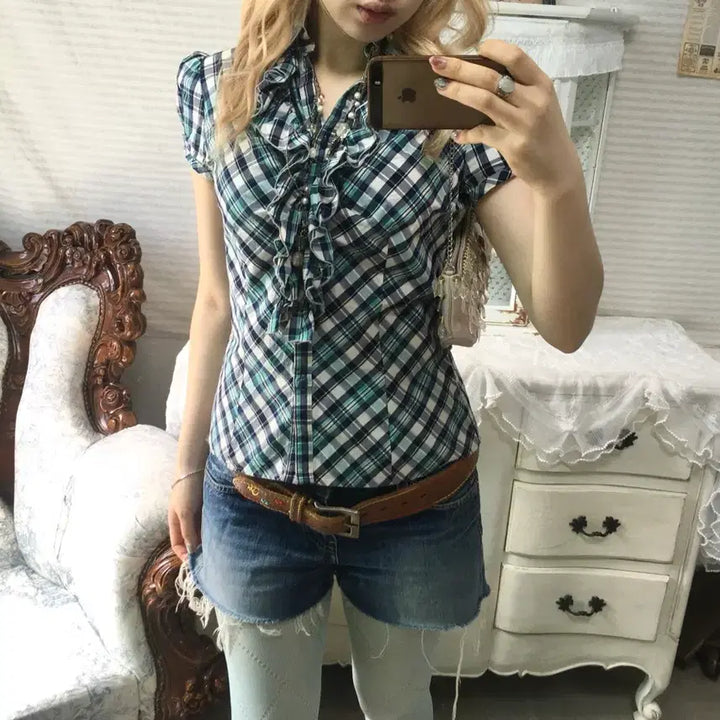 [BUNJANG] Japanese Vintage Mint Check Ruffle Puff Blouse / 일본빈티지 핀터 민트 체크 러플 퍼프 블라우스