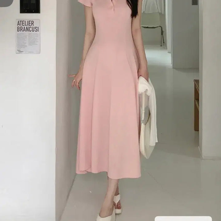 [BUNJANG] Pink Collar Long Dress / 번따룩) 청순 핑크 카라 원피스