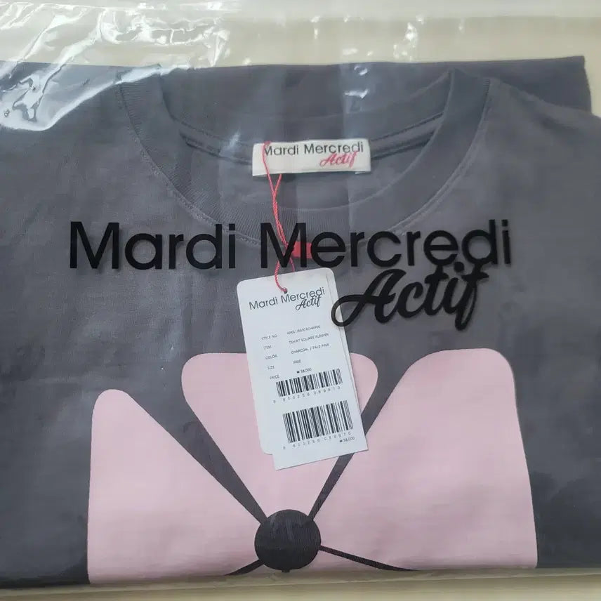 [BUNJANG] Mardi Mercredi Active T-Shirt Square Flower Charcoal Pale Pink / [마르디 메크르디 악티프] TSHIRT SQUARE FLOWER_