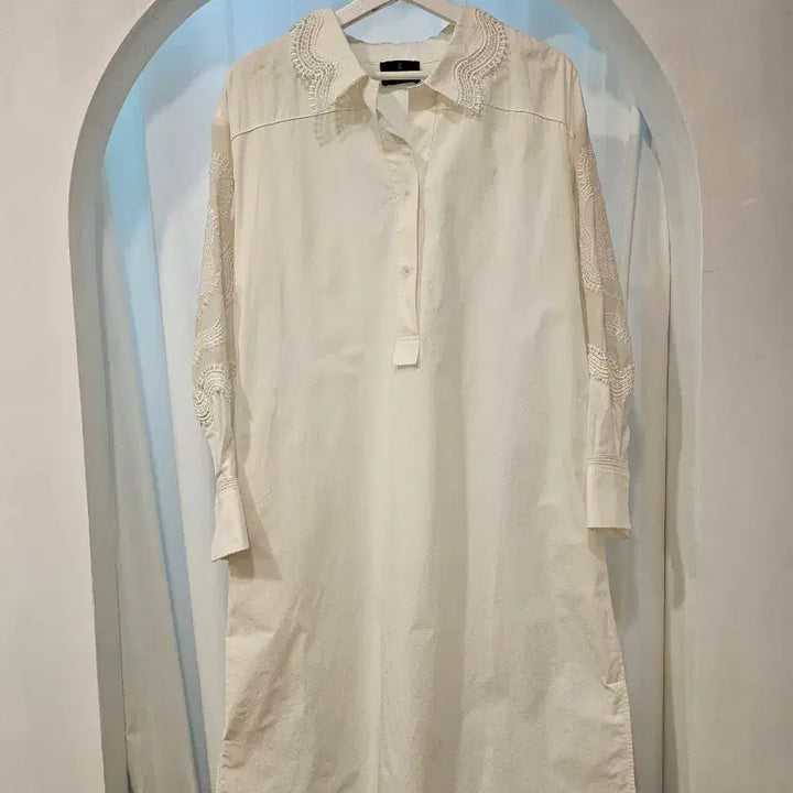 [BUNJANG] Hansem LANVIN White Lace Detail Long Shirt Dress / 한섬 랑방 원피스