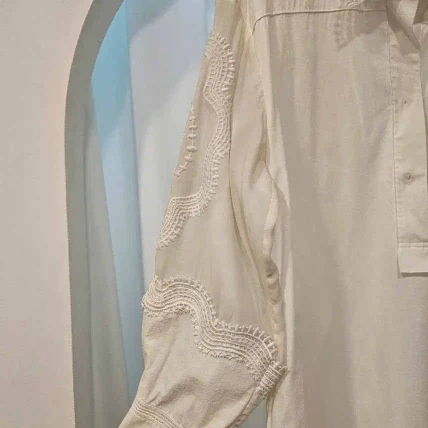 [BUNJANG] Hansem LANVIN White Lace Detail Long Shirt Dress / 한섬 랑방 원피스