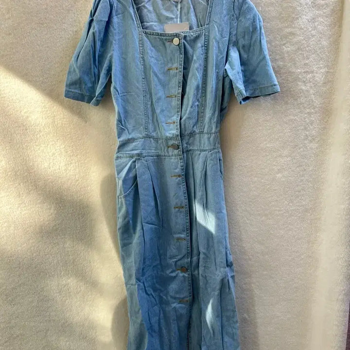 [BUNJANG] Back Slit Denim Square Neck Short Sleeve Long Dress / 백트임 데님 스퀘어넥 반팔 롱 원피스