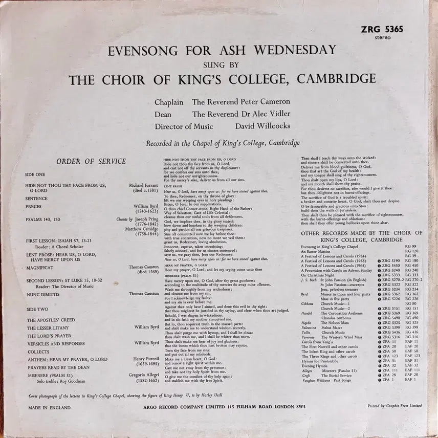 [BUNJANG] Argo Evensong Ash Wednesday LP / Argo Evensong 애쉬 웬즈데이 LP 음반