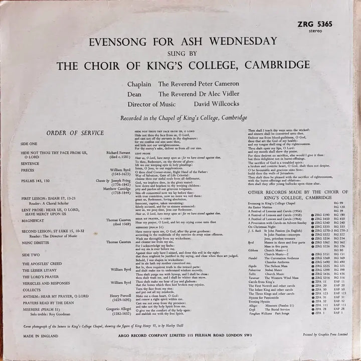[BUNJANG] Argo Evensong Ash Wednesday LP / Argo Evensong 애쉬 웬즈데이 LP 음반