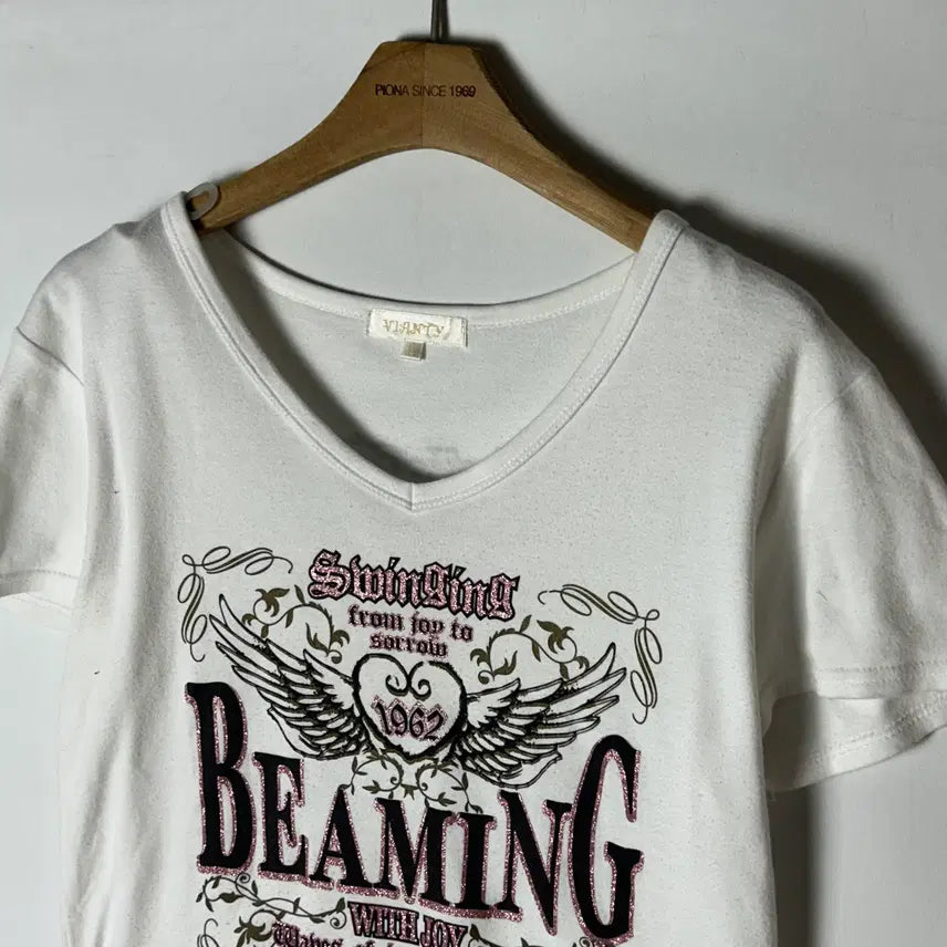 [BUNJANG] Viante Wing Heart Glitter Printing Short Sleeve T-Shirt / [JPN] viante 윙하트 글리터 프린팅 반팔티셔츠