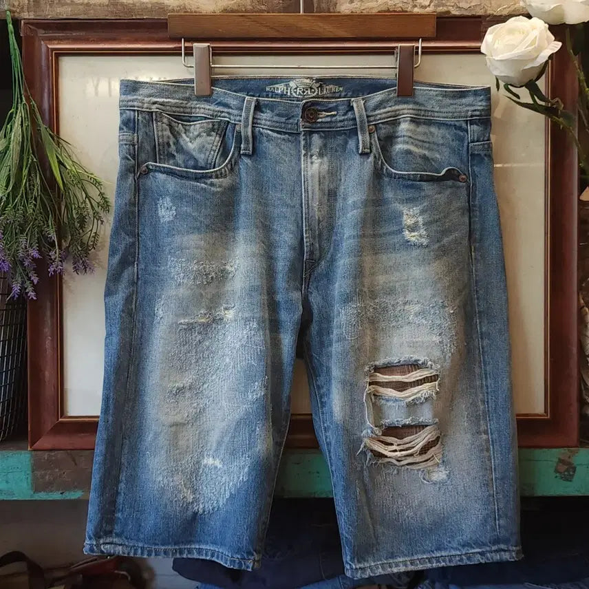 [BUNJANG] RRL Distressed Patchwork Denim Shorts 36 / 더블알엘 데님 반바지 솟팬츠 36