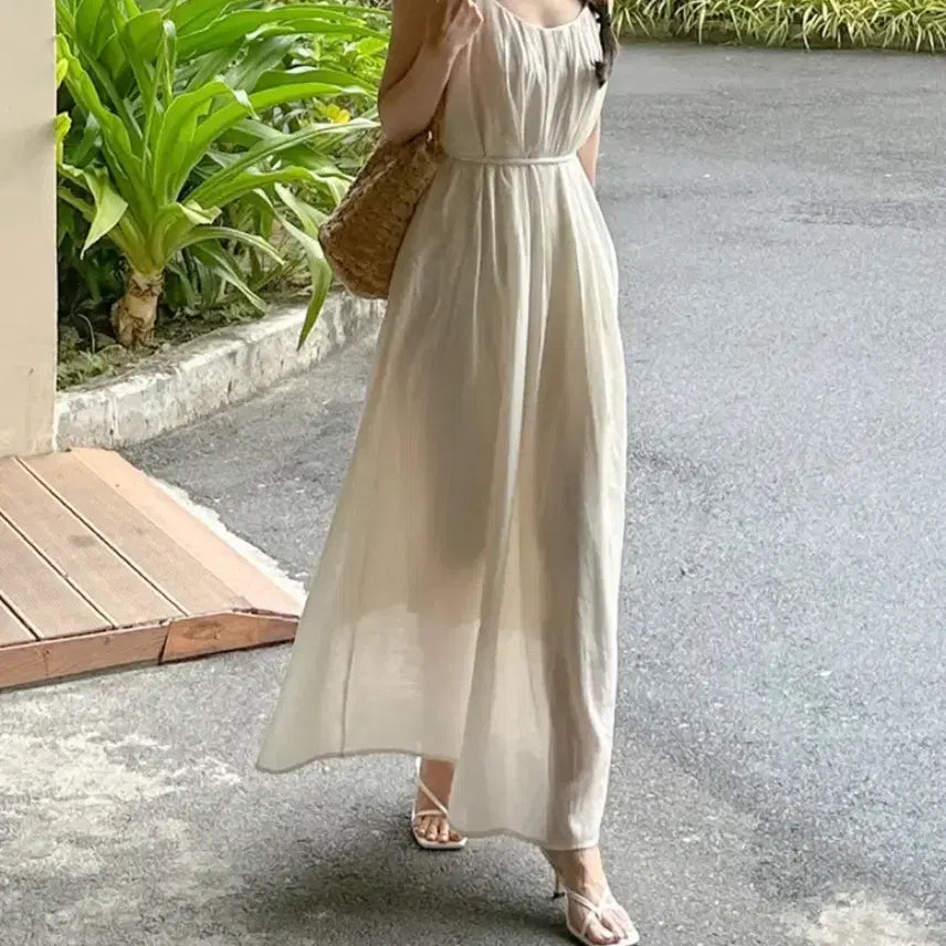 [BUNJANG] Ivory Linen Strap Sleeveless Long Dress / 아이보리 린넨 스트랩 나시 롱원피스