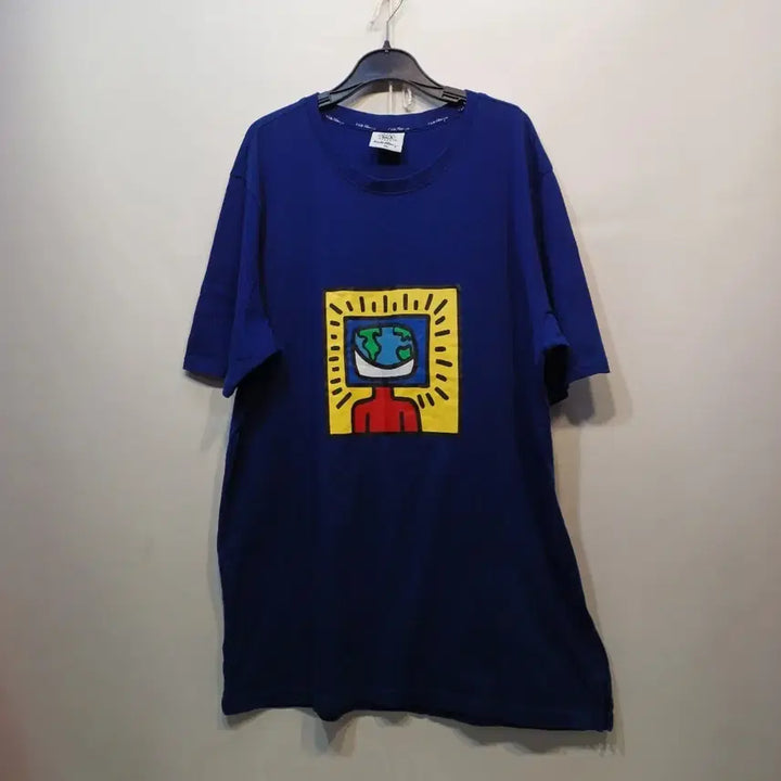 [BUNJANG] Keith Haring Globe Print Short Sleeve T-Shirt Navy 105 / 키스해링 지구본 프린팅 반팔 티셔츠 네이비105사이즈 여름  65005