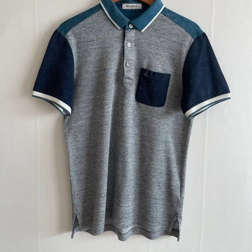[BUNJANG] Beanpole Linen Blend Color Block Short Sleeve Polo T-Shirt / 빈폴 리넨 혼방 컬러블록 반팔 카라 티셔츠