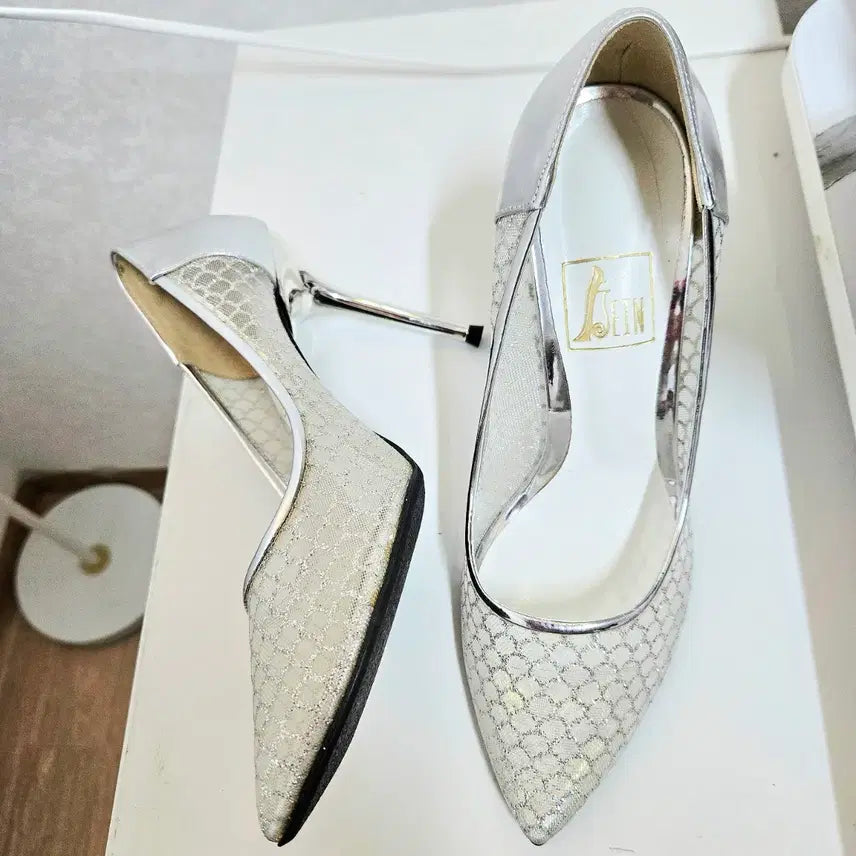 [BUNJANG] Handmade Silver Pearl Stiletto Wedding Shoes (10cm Heel) / 수제화 실버 펄 스틸레토 웨딩슈즈