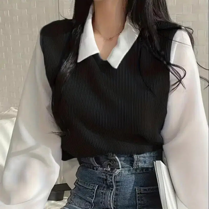 [BUNJANG] Black Knit Vest Layered Blouse / 블랙 니트 조끼 레이어드 블라우스.새상품