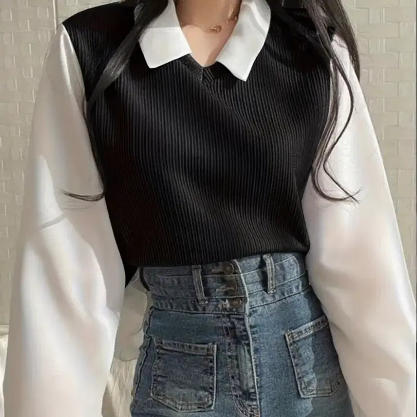 [BUNJANG] Black Knit Vest Layered Blouse / 블랙 니트 조끼 레이어드 블라우스.새상품