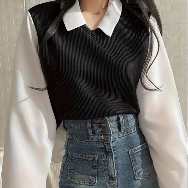 [BUNJANG] Black Knit Vest Layered Blouse / 블랙 니트 조끼 레이어드 블라우스.새상품