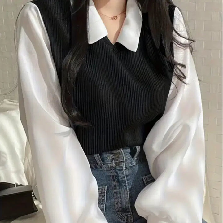 [BUNJANG] Black Knit Vest Layered Blouse / 블랙 니트 조끼 레이어드 블라우스.새상품