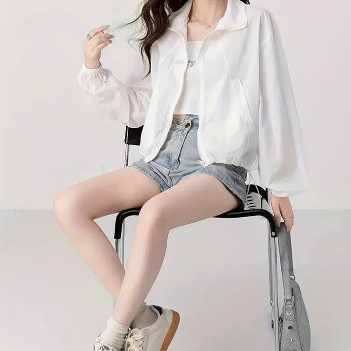 [BUNJANG] White Cropped Windbreaker Jacket (Free Size) / 화이트 크롭 바람막이 자켓.새상품