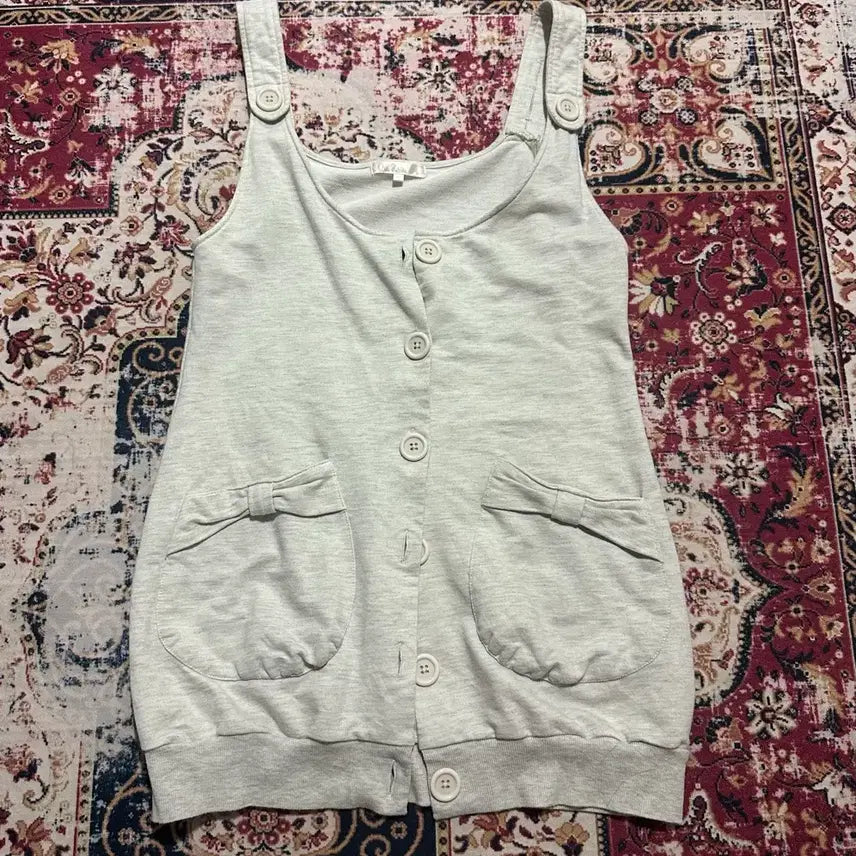 [BUNJANG] Nerd Mori Mélange Grey Ribbon Pocket Sleeveless Top / 너드 모리 멜란지 그레이 리본 포켓 슬리브리스