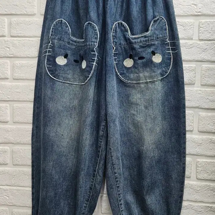 [BUNJANG] Cat Character Denim Baggy Pants / A4399  고양이 캐릭터 데님 배기 팬츠