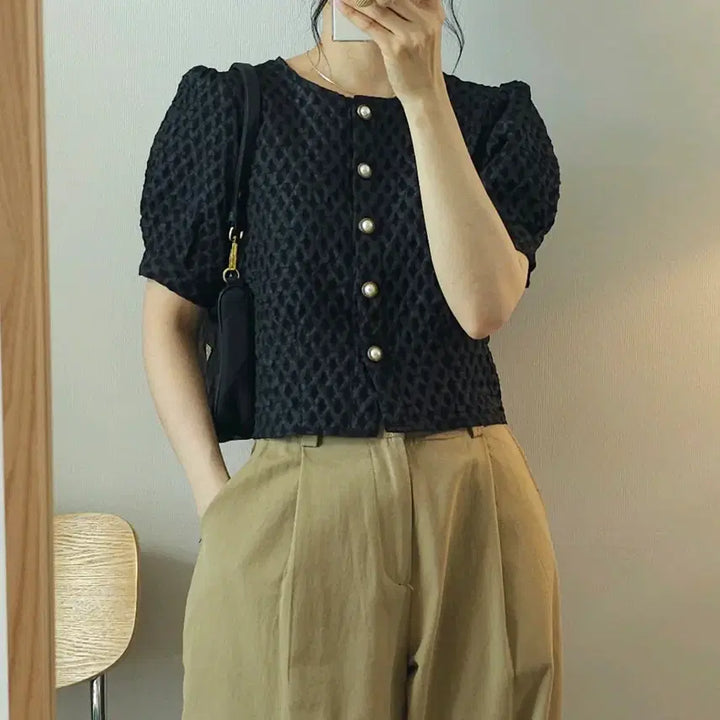 [SOLD OUT] (M)여성 라운드넥 반팔 자켓 자가드 퍼프 블랙 J9W3347