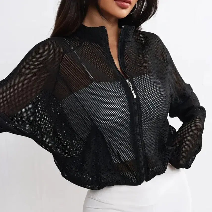 [BUNJANG] Stylish Black Mesh Zip-Up Jacket / 세련 블랙 메쉬 집업 자켓.새상품