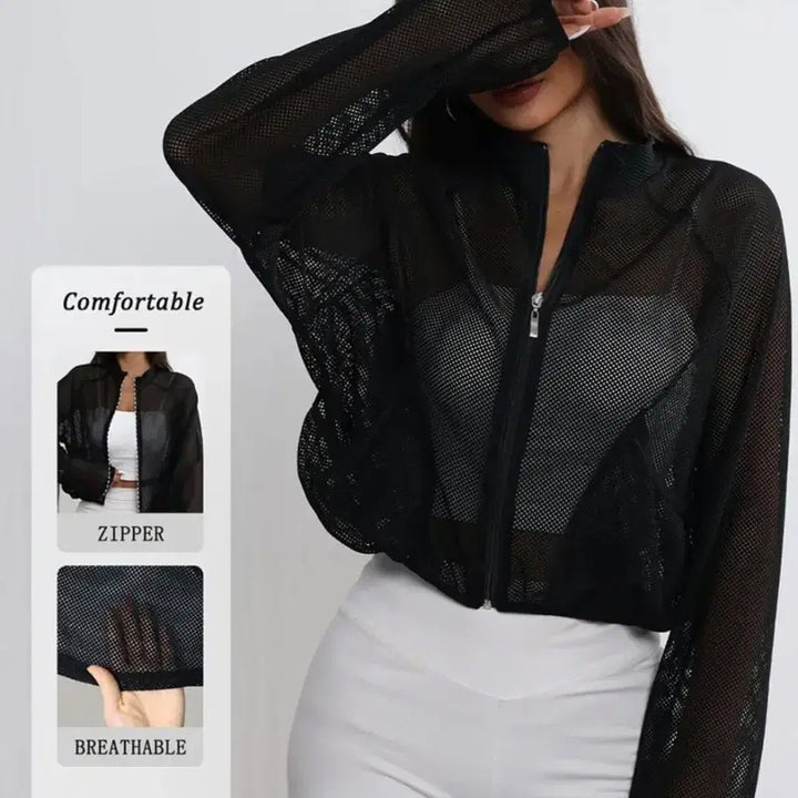 [BUNJANG] Stylish Black Mesh Zip-Up Jacket / 세련 블랙 메쉬 집업 자켓.새상품