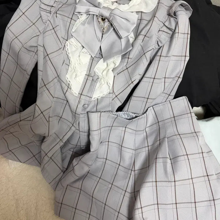 [BUNJANG] Secret Honey Ribbon Setup Blue Check Jireige Liz Lisa Dim. E.L.O / 시크릿허니 액세서리 리본 셋업 블루체크 양산형 지뢰계 리즈리사 디마럽