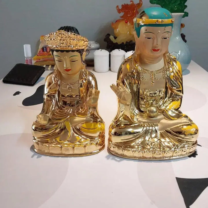 [BUNJANG] Brass Gold Kwan Yin Buddha Statues Set of 2 / 금색 관세음보살 불상 2개 세트 황동