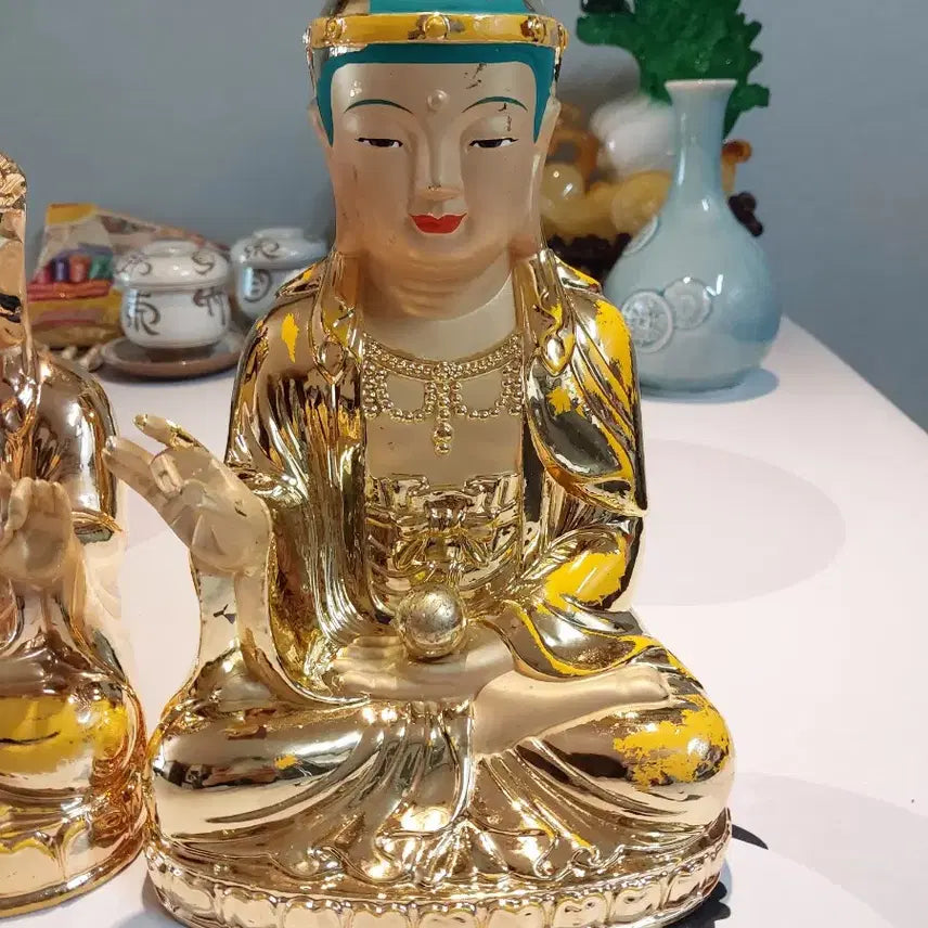 [BUNJANG] Brass Gold Kwan Yin Buddha Statues Set of 2 / 금색 관세음보살 불상 2개 세트 황동