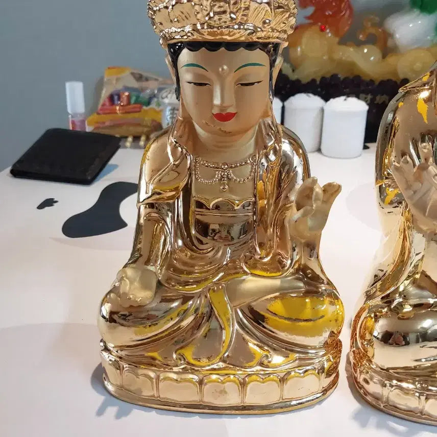 [BUNJANG] Brass Gold Kwan Yin Buddha Statues Set of 2 / 금색 관세음보살 불상 2개 세트 황동