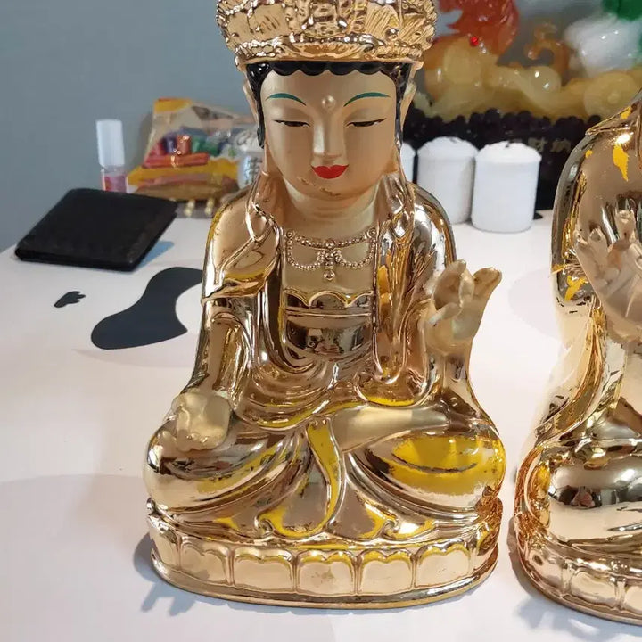 [BUNJANG] Brass Gold Kwan Yin Buddha Statues Set of 2 / 금색 관세음보살 불상 2개 세트 황동