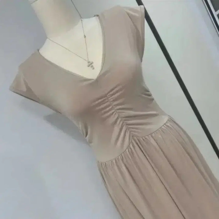 [BUNJANG] Half-Cap Shirring Long Dress - Beige / 반캡 셔링 롱원피스 베이지