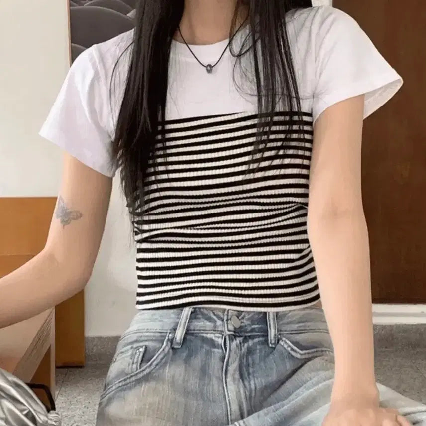 [BUNJANG] Striped Tank Top / 단가라 탱크 반팔 (일체형)