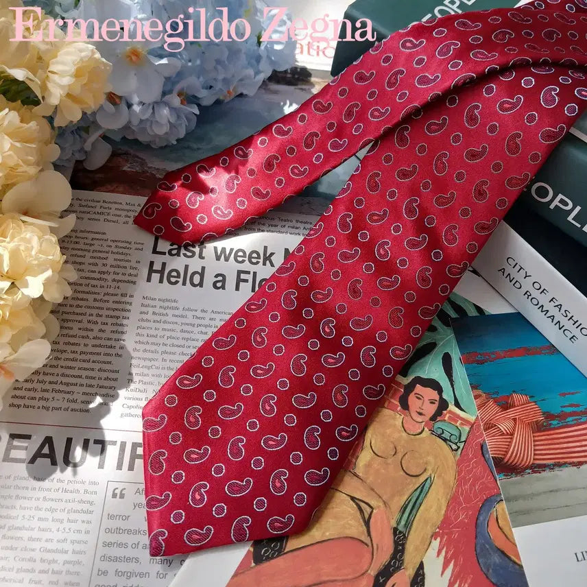 [BUNJANG] Ermenegildo Zegna Red Paisley Pattern Silk Necktie 9cm / 에르메네질도제냐 레드 페이즐리 패턴 넥타이 9cm S~A+등급 E1010
