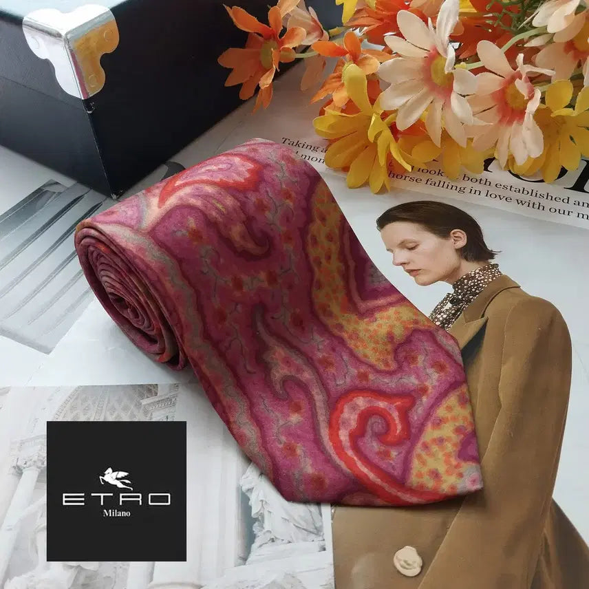 [BUNJANG] Etro Paisley Pattern Silk Necktie 9.6cm / 에트로 다크핑크 페이즐리 패턴 넥타이 9.6cm A+등급 K2621
