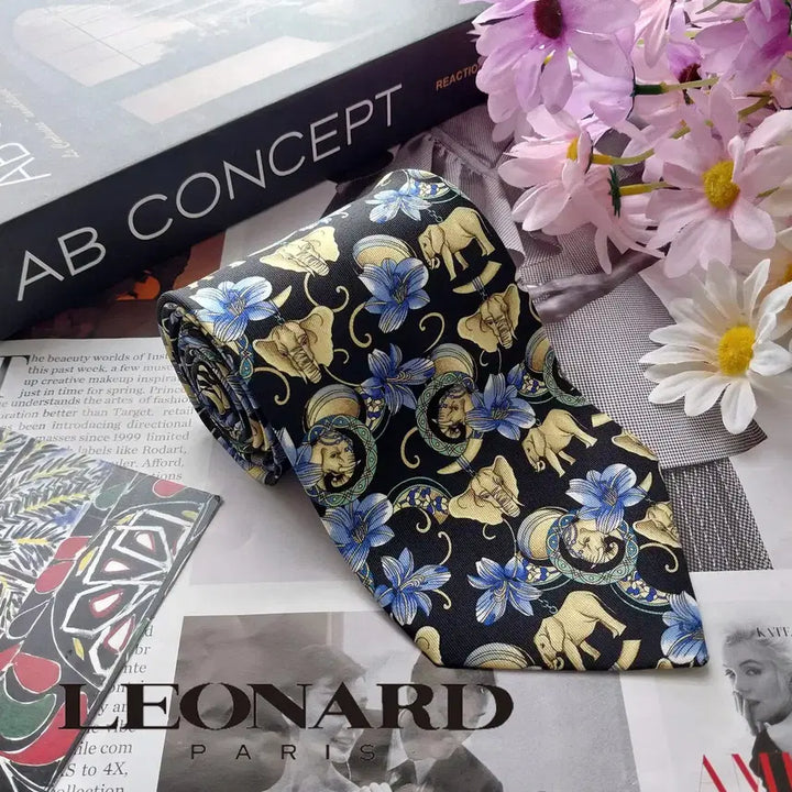 [BUNJANG] LEONARD Silk Elephant &amp; Floral Pattern Necktie / 레오나드 코끼리 플라워 패턴 넥타이 9.4cm S~A+등급 K2622