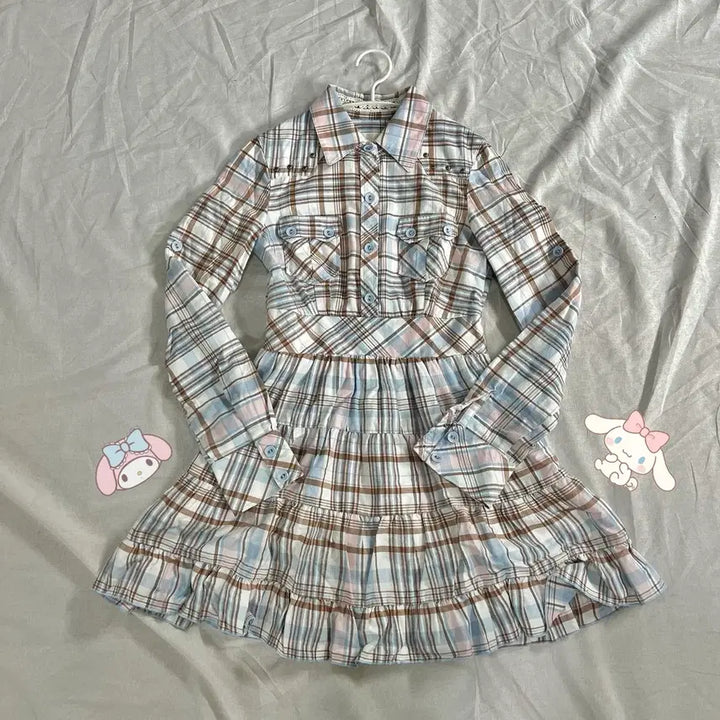 [BUNJANG] LIZ LISA Pastel Sky Pink Check Shirt Dress / 리즈리사 파스텔 하늘 핑크 체크 셔츠 원피스